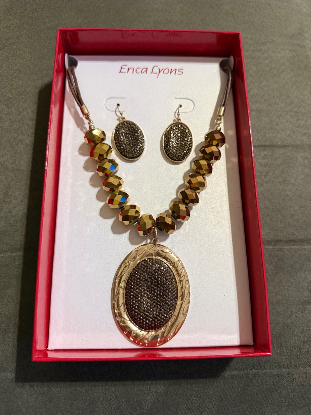 Erica Lyons Gold Tone Beaded Pendant Necklace & Earring Set, NEW